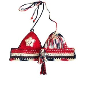 Patriotic Crochet Bralette – Red, White & Blue Boho Crop Top, Bikini Top